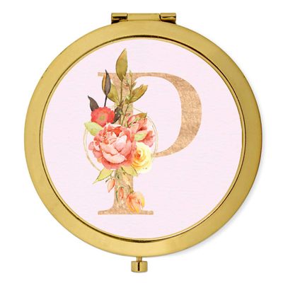 Andaz Press Gold Compact Pocket Makeup Mirror Bridesmaid's Wedding Gift, English Garden Florals, Monogram Letter P, 1-Pack, Girls Women Bachelorette Bridal Shower Wedding Party Gifts