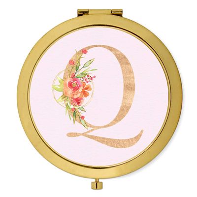Andaz Press Gold Compact Pocket Makeup Mirror Bridesmaid's Wedding Gift, English Garden Florals, Monogram Letter Q, 1-Pack, Girls Women Bachelorette Bridal Shower Wedding Party Gifts