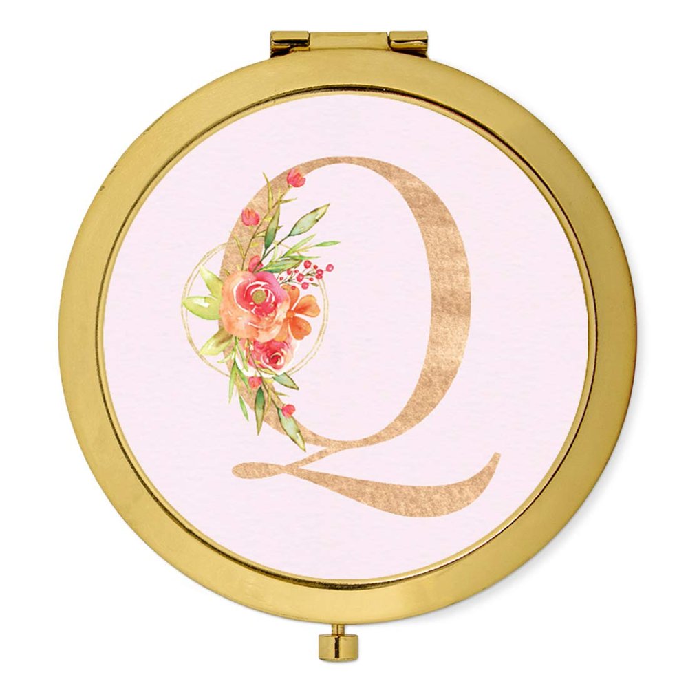 Andaz Press Gold Compact Pocket Makeup Mirror Bridesmaid's Wedding Gift, English Garden Florals, Monogram Letter Q, 1-Pack, Girls Women Bachelorette Bridal Shower Wedding Party Gifts