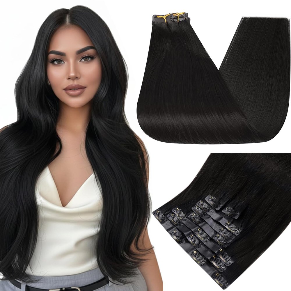 Full Shine Black Human Hair Extensions Seamless Clip in Hair Extension 22 Inch Natural Human Hair Clip in Extensions Black Real Hair for Women Thick End 8 PCS 120 G