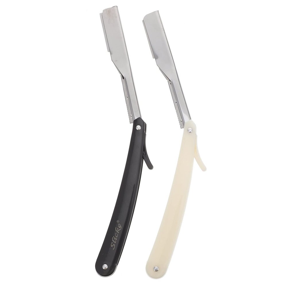 2pcs Chic Straight Barber Edge Steel Razors Shaving Men Vintage Metal Hair Shaper Barber Razor without (Black and White)