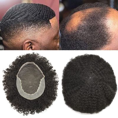 Afro Curly Mens Toupee Lace PU African American Hairpiece Replacement Kinky Curly Brazilian Remy Hair System for Black Men (1B# OFF BLACK - 6MM WAVE)