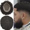 Afro Curly Mens Toupee Lace PU African American Hairpiece Replacement Kinky Curly Brazilian Remy Hair System for Black Men (1B# OFF BLACK - 12MM WAVE) view 1