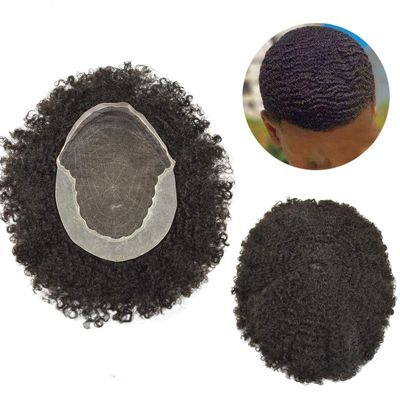 Afro Curly Mens Toupee Lace PU African American Hairpiece Replacement Kinky Curly Brazilian Remy Hair System for Black Men (1# JET BLACK -8MM WAVE)
