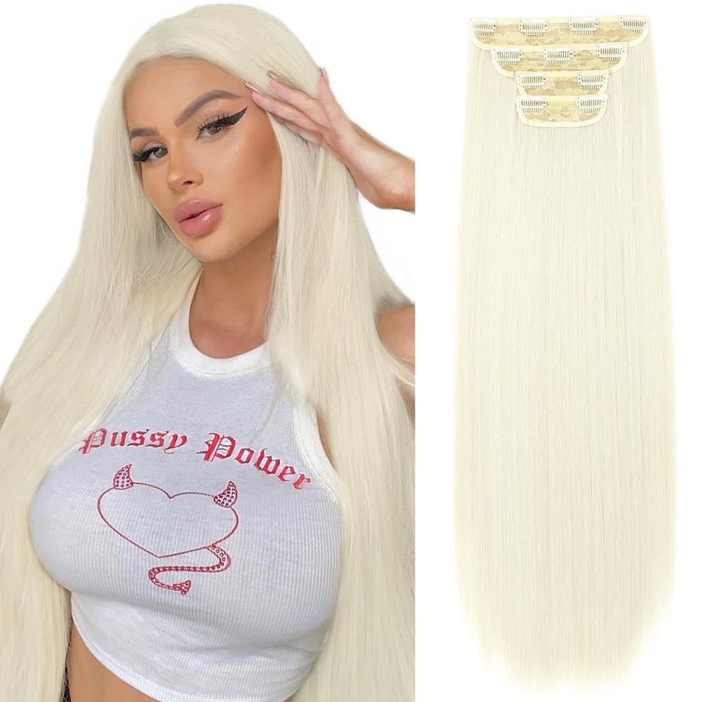 REECHO 26" Straight Super Long 4 PCS Set Thick Clip in on Hair Extensions White Blonde