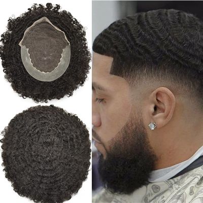Afro Curly Mens Toupee Lace PU African American Hairpiece Replacement Kinky Curly Brazilian Remy Hair System for Black Men (1# JET BLACK -12MM WAVE)