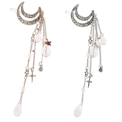 2Pcs Women Fashion Rhinestone Stars Moon Tassel Hair Clip Pins Side Clip Hairpin Barrettes Bobby Pins Headdress Hair Accessories
