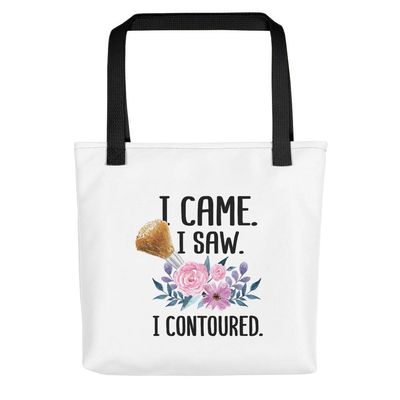 I Came I Saw I Contoured All-Over Print Tote (Black) | Makeup Artist Tote | Gift For Makeup Artist | Facial Contouring | Contouring Makeup | Beauty School | Makeup Brush Tote | Hair And Makeup Tote