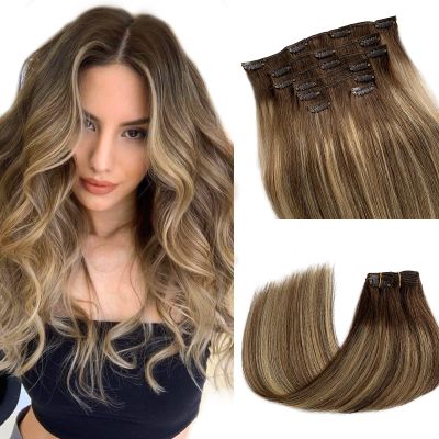 Human Hair Clip in Extensions Balayage Blonde Hair Extensions Real Human Hair Clip ins Brown Roots to Brown with Blonde Highlights Clip on Hair for Women 15 Inch 70grams