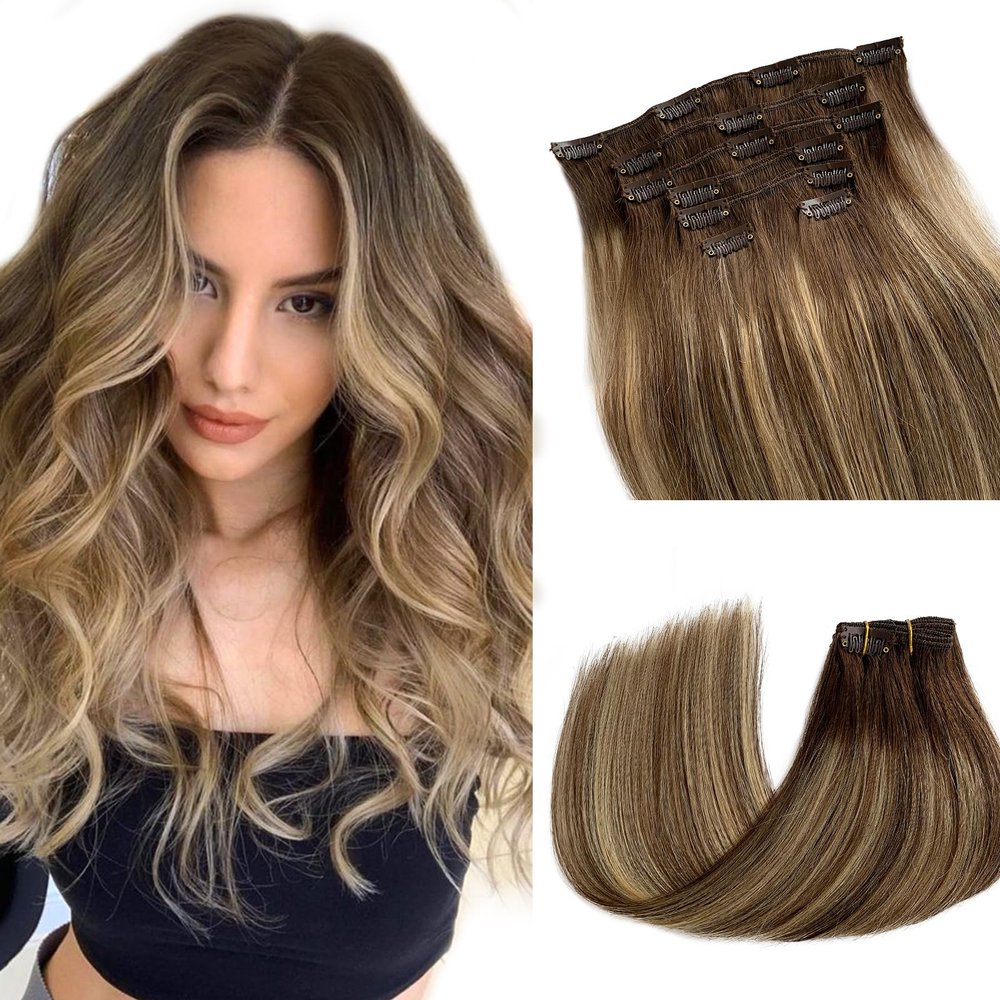 Human Hair Clip in Extensions Balayage Blonde Hair Extensions Real Human Hair Clip ins Brown Roots to Brown with Blonde Highlights Clip on Hair for Women 15 Inch 70grams