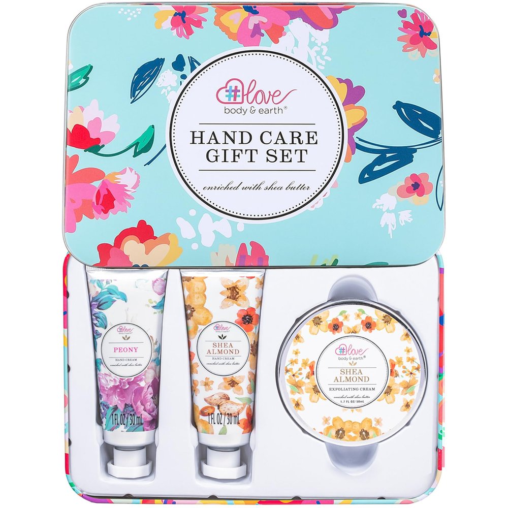 BODY & EARTH # LOVE Hand Cream Gift Set for Women, Hand Lotion Gift for Christmas, Travel Size Lotion, Repair & Moisture Dry Hands, 2 Hand Cream & Exfoliating Cream, Skin Care Birthday Gift for Her
