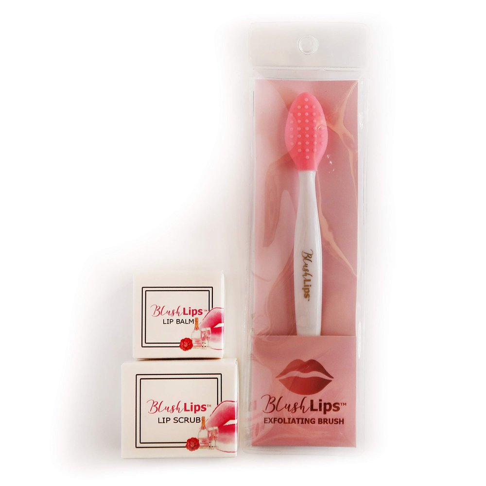 BlushLips Trio Lip Care Set - Exfoliating Lip Brush, Lip Scrub, and Lip Moisturizing Balm for Chapped Lips Treatment, Lip Repair for Soft Lips Made for Dry Lips (Ros Champagne Set)
