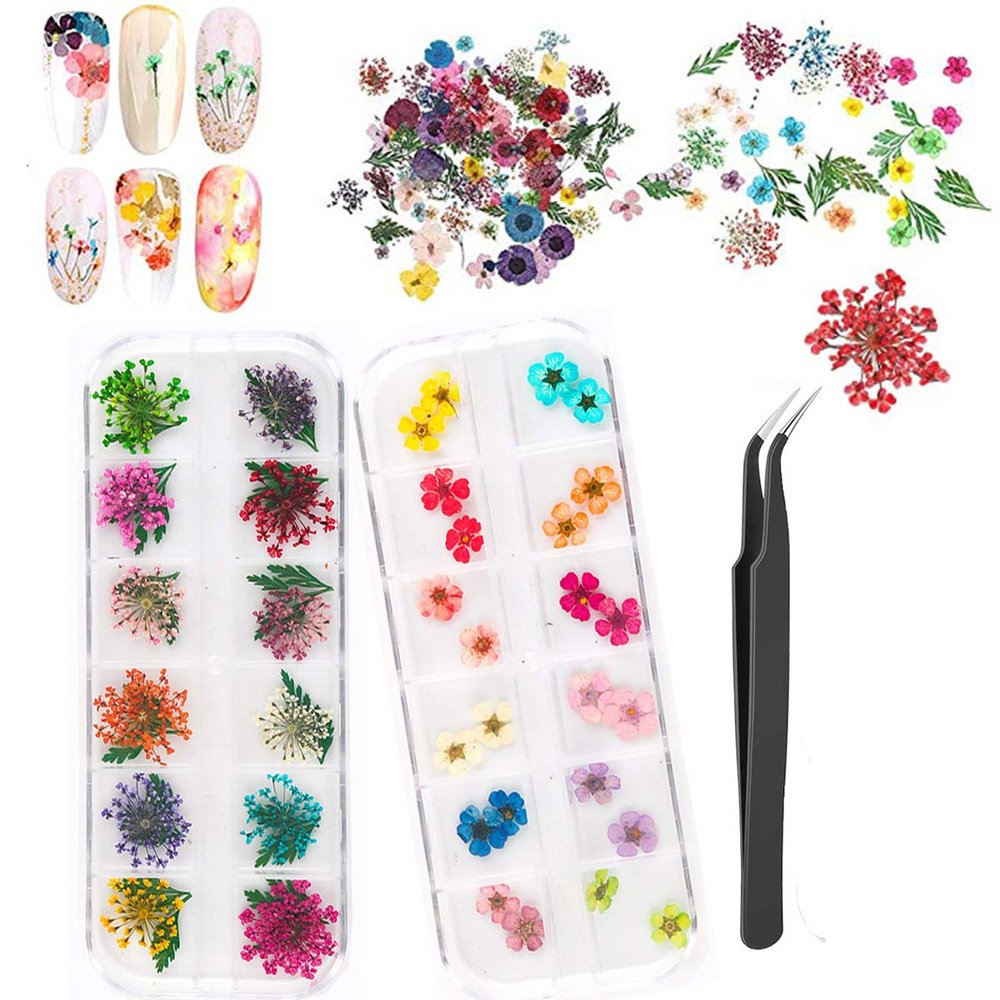 SYBF Nail Dried Flowers,2 Boxes 3D Dry Flowers Nail Stickers Nail Art Supplies Mini Real Natural Flowers Applique Nail Decoration Sticker for Tips Manicure Decor ( Starry , Leaves and Five Flower)