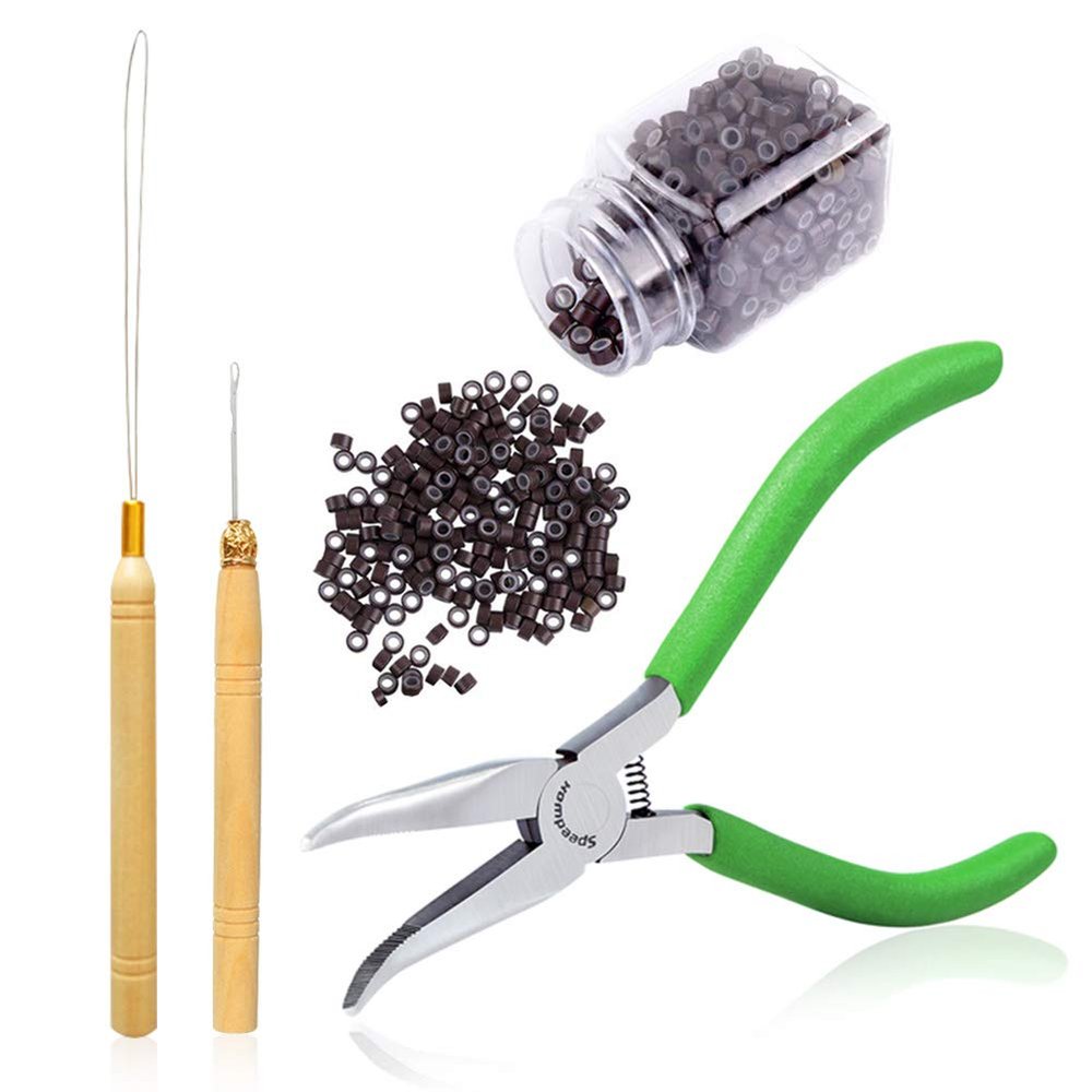 SPEEDWOX Hair Extension Kit Pliers Pulling Hook Bead Device Tool Kits 5.5 Inches Smooth Jaws Bent Nose Pliers Set and 500 Pieces 5mm Brown Silicone Micro Rings Links Beads Hair Extension Tool