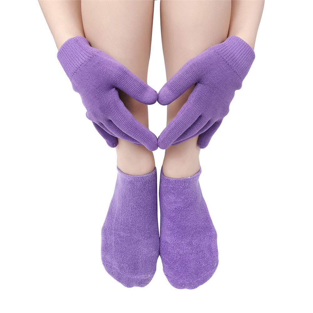 AnHua 2 Pcs Moisturize Soften Repair Cracked Skin Moisturizing Treatment Gel Spa Socks Gloves (Purple)