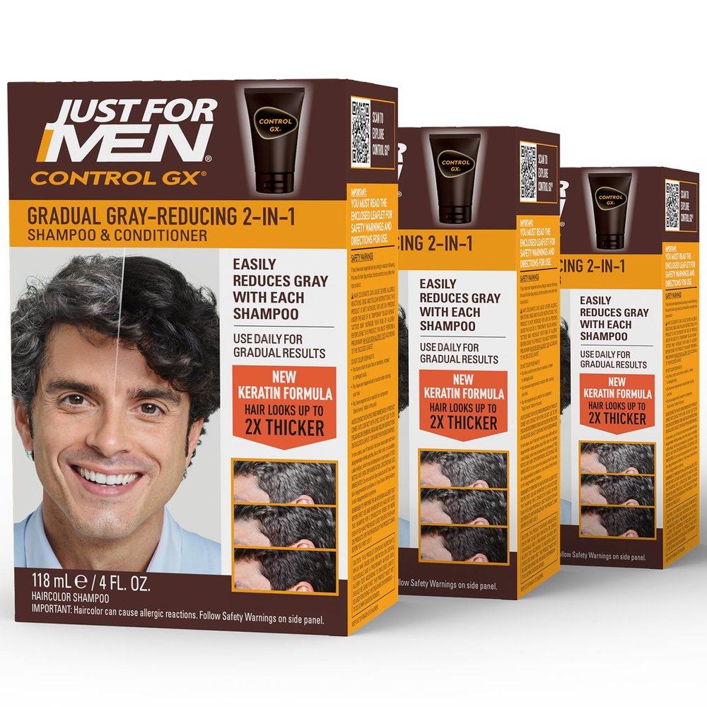 Just for Men Control GX Grey Reducing 2-in-1 Shampoo and Conditioner, Gradual Hair Color with Keratin for Stronger Thicker and Healthier Looking Hair, 4 Fl Oz - Pack of 3 (Packaging May Vary)