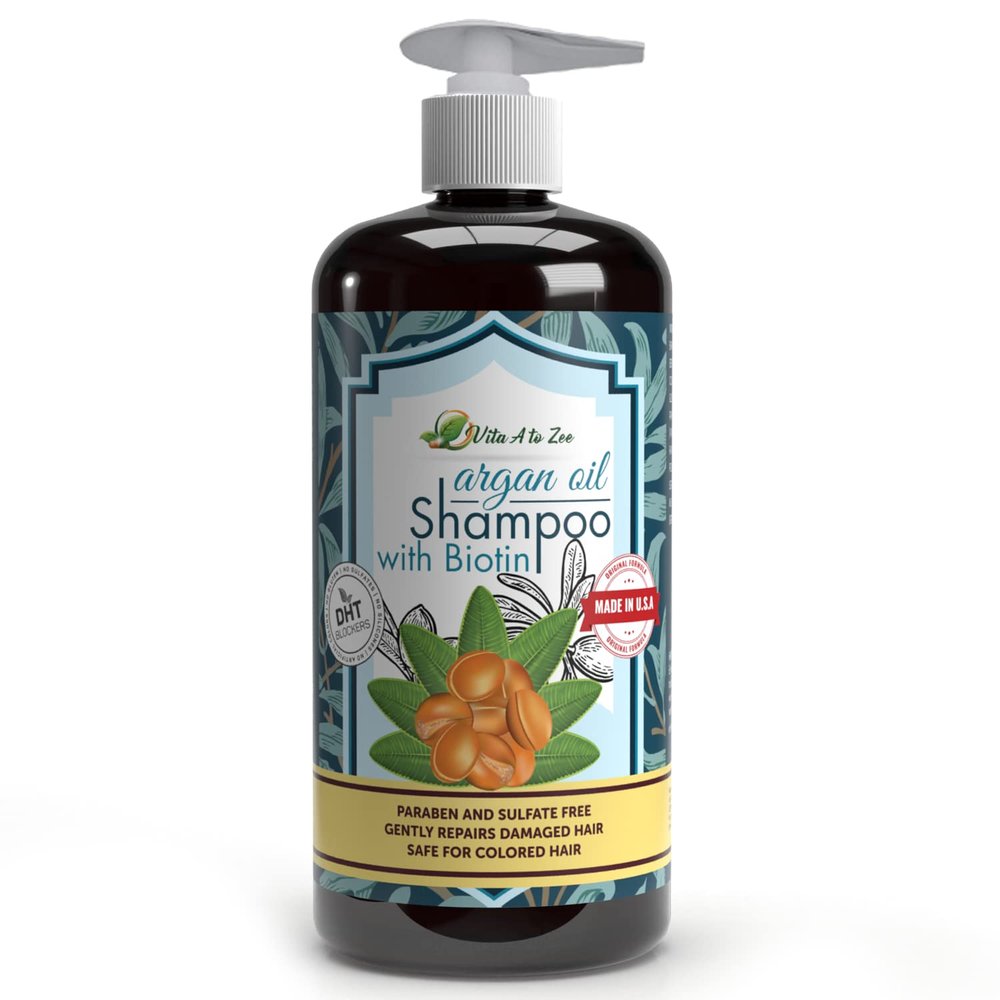 Vita A to Zee Moroccan Argan Oil & Biotin Shampoo (16.9 Fl Oz) | Professional Strength Formula | Natural Hair Repair, Moisturization Treatment for Dry, Damaged Hair | DHT Blocker & Anti Hair Loss