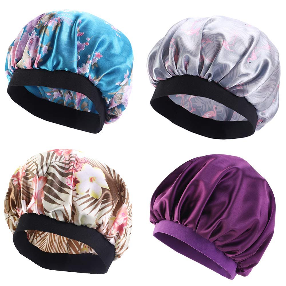 4PCS Sleep Cap Night Satin Bonnet Wide Elastic Band Soft Hat Hair Loss Chemo Caps Sleeping Head Cover Silky Turban Shower Bath Hats