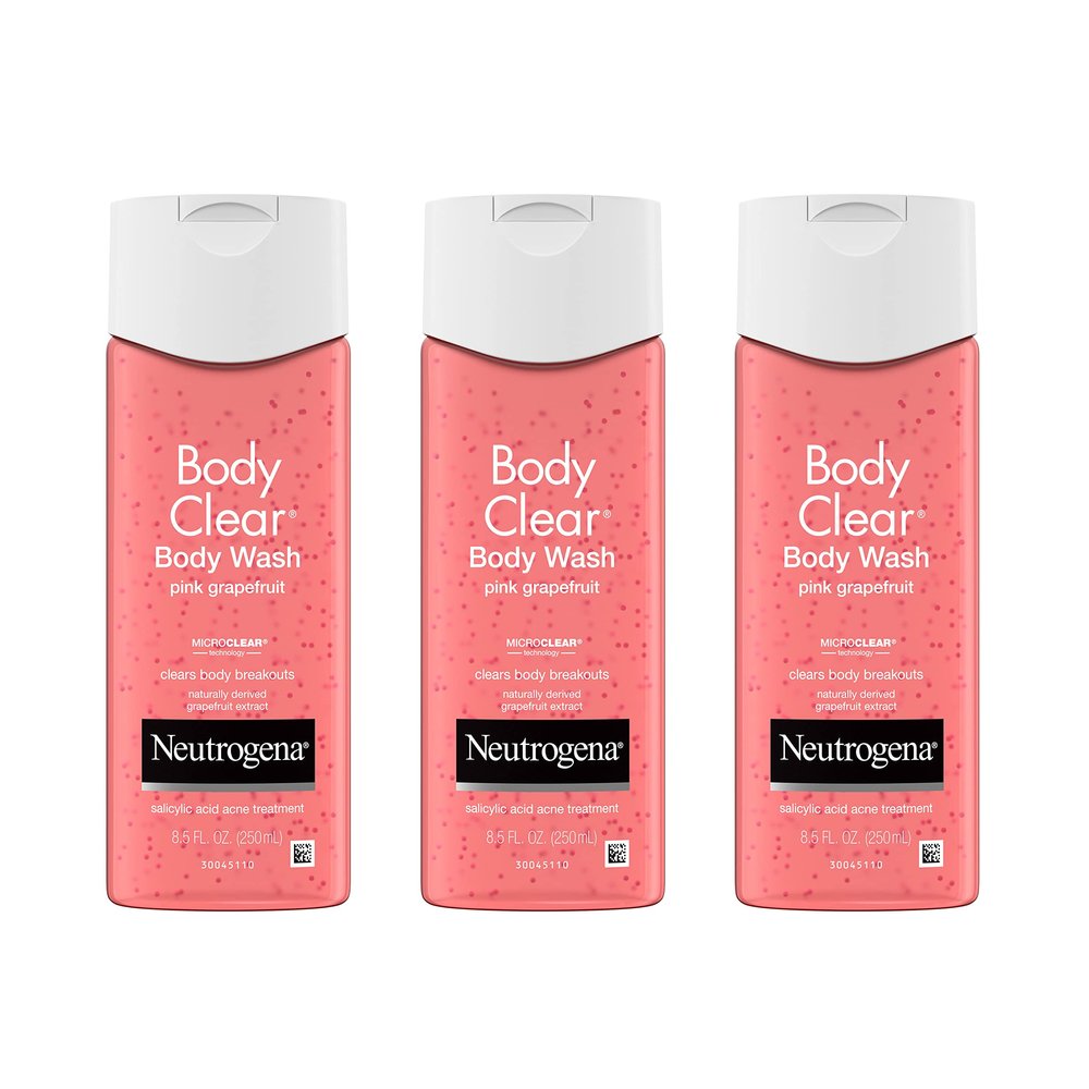 Neutrogena Body Clear Acne Treatment Body Wash with Salicylic Acid Acne Medicine, Pink Grapefruit Body Acne Cleanser to Prevent Breakouts on Back, Chest & Shoulders, 8.5 fl. oz, 3 Pack
