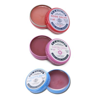 C.O. Bigelow Assorted Salve Tins, Pack of 3 Lip Balm Tins, Rose, Lavender, and Sakura Rose All Purpose Salve for Lips, Cuticles, Hands & Dry Skin, Lip Balm Set, 0.8 oz