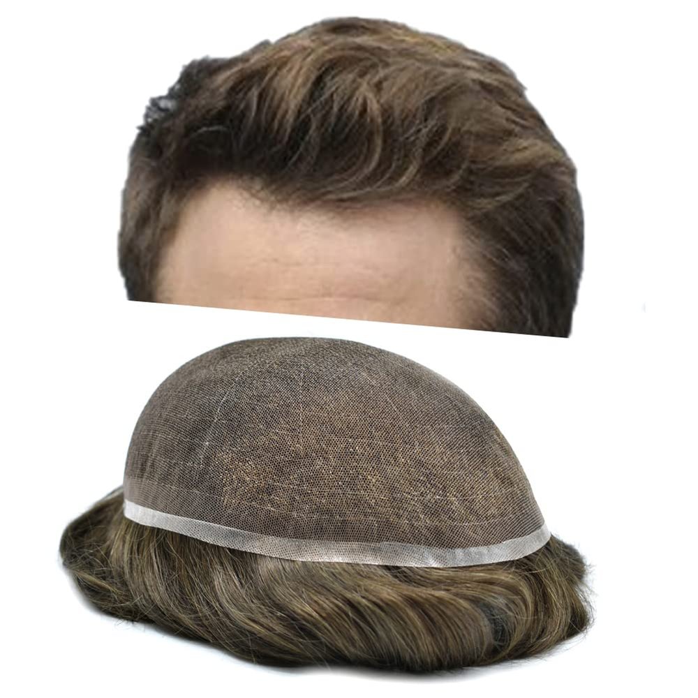 LYRICAL HAIR Toupee for Men Hair System Replacement Full French Swiss Lace Mens Toupee Hairpiece Natural Hair Piece Unit Wig for Men 8"X10" #4R-120% Medium Light to Medium Density