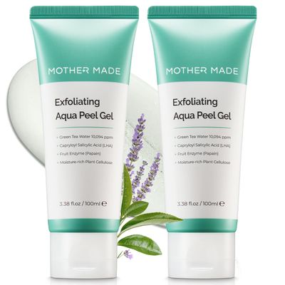MOTHER MADE LHA Green Tea Exfoliating Aqua Peel Gel, Pore Care, Gentle Facial Exfoliator, Dead Skin Remover, Natural Cellulose for Peeling, Vegan, Korean Skincare, 2 Pack (100ml / 3.38 fl.oz)