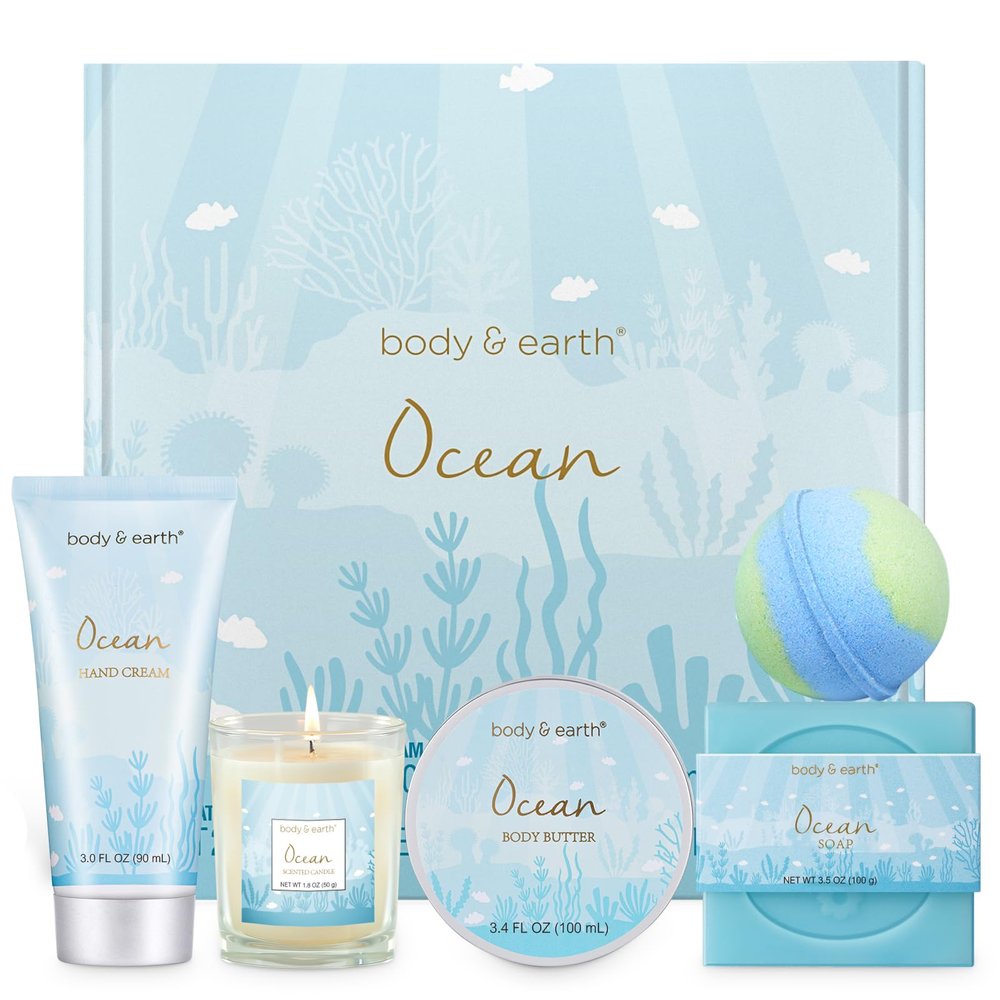 Gifts for Women, Bath and Body Womens Gift Sets with 5 Pcs Ocean Scented Spa Gifts for Women Bath Gift with Scented Candle Body Butter Hand Cream Bath Bomb Valentines Day Gifts
