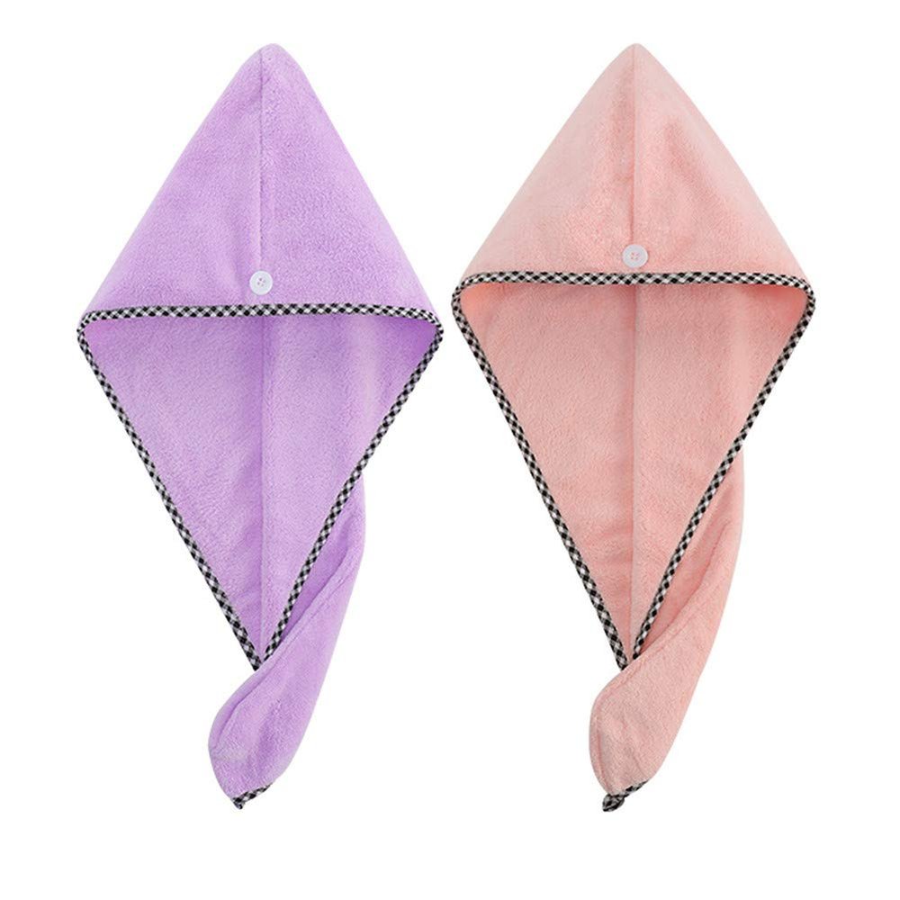 RemeeHi Hair Towel Wrap 65x25cm Microfiber Head Drying Towels Quick Dry Hat with Button Shower Wrapped Cap 2 Pack Light Purple + Light Pink