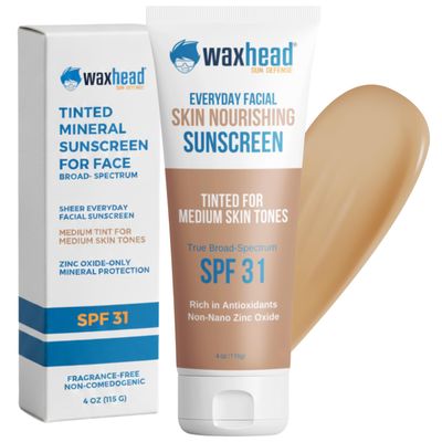 Waxhead Tinted Mineral Sunscreen for Face  Sheer Glow BB Cream Moisturizer with SPF31, Non-Nano Zinc Oxide, Unscented, NonComedogenic Mineral Facial Sunscreen, Wear under Makeup (Medium Tint 4oz)
