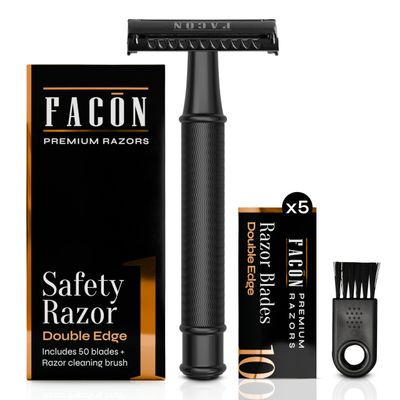Facn Double Edge Safety Razor for Men & Women - Butterfly Open Stainless Steel Razor w/ 50 Platinum Double Edge Safety Razor Blades, Single Blade Razor for Smooth Close Shave, Reusable & Eco-Friendly