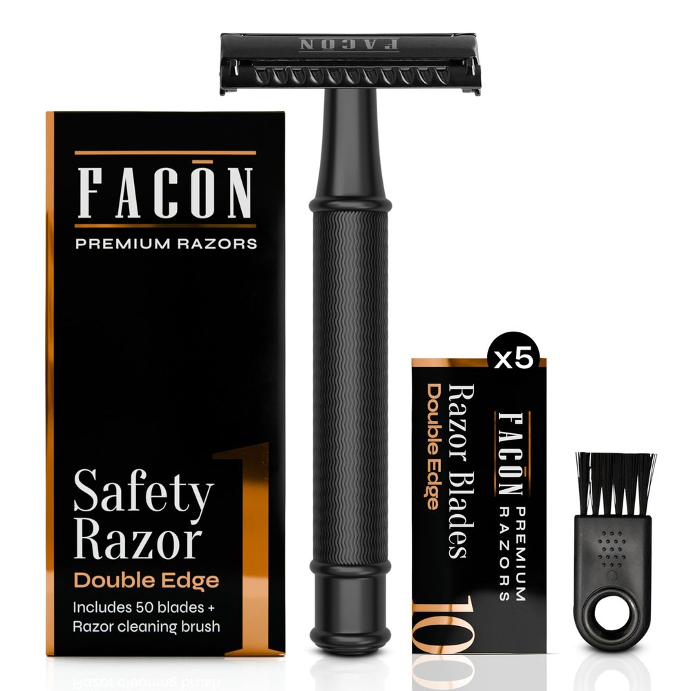 Facn Double Edge Safety Razor for Men & Women - Butterfly Open Stainless Steel Razor w/ 50 Platinum Double Edge Safety Razor Blades, Single Blade Razor for Smooth Close Shave, Reusable & Eco-Friendly