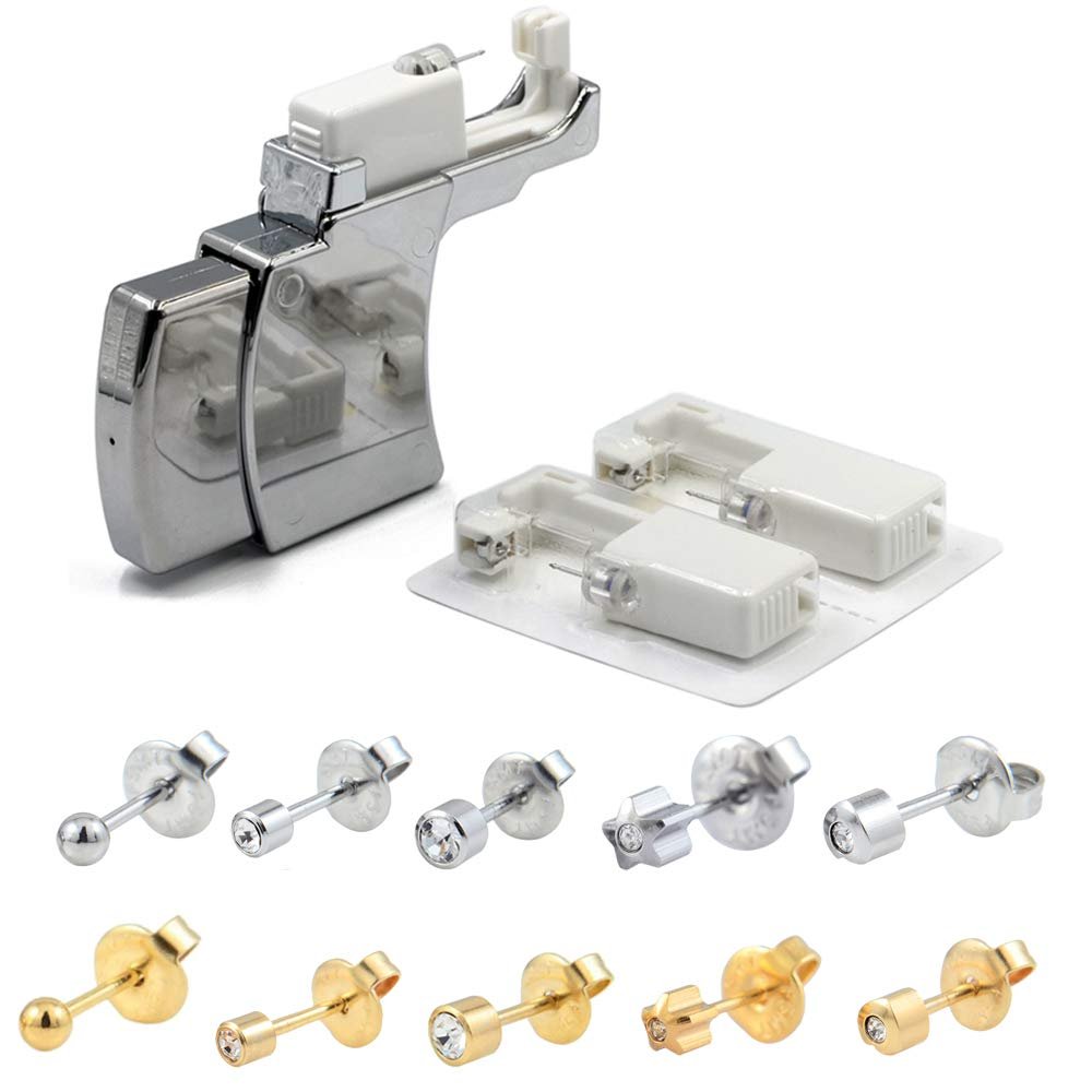 CHUANCI 2Pcs Ear Piercing Guns with 1PC Ear Piercing System Disposable Ear Piercing Gun Kit with Ear Stud Ear Piercer Safety Puncture Gun Unit Tool Professional Piercing Supply (Silver 4mm Full Moon)