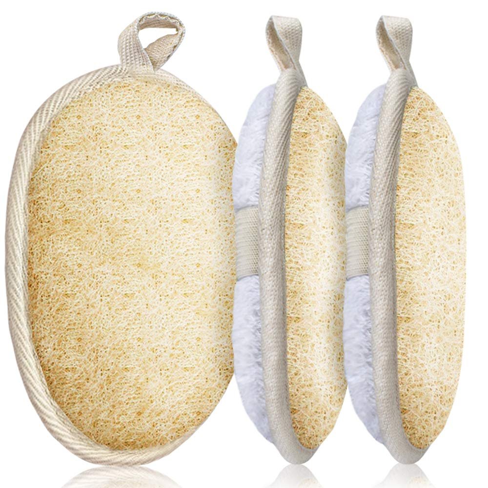 3 Packs Exfoliating Loofah Sponge Pads,Large 5x 7-100% Natural Luffa and Terry Cloth Materials,Premium Loofa Sponge Scrubber Body Glove Close Skin for Men and Women,Perfect for Bath Spa and Shower