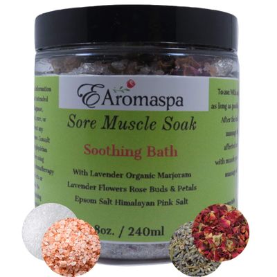 EAromaspa Sore Muscle Soak, for Overexercised Muscles, Aches or Pains, 100% Pure Natural Bath Soak for Muscle Pain Relief, with Himalayan & Epsom Salt, Plus Lavender & Marjoram Essential Oils; 8 oz