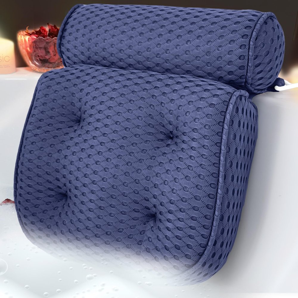AEROiVi Luxury Bath Pillows for TubBath Pillow Bathtub Pillows for Head and Neck Support Bath Cushion Made from Soft Spacer Mesh Material with Suction Cups (Dark Blue)