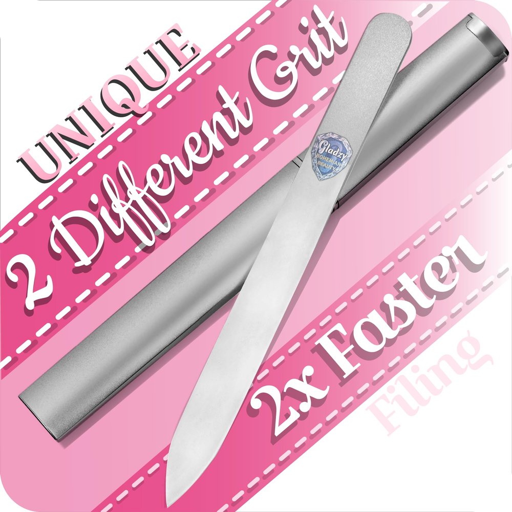 GLADZY Czech Glass Nail File with Case Double Sided Crystal Nail File for Natural Nails, Dual Grit Coarse & Smooth Sides, Etched Bohemian Glass Manicure Tool, Professional Care, Ethically Made in EU