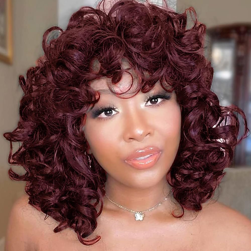 Divine Hair Short Afro Curly Wigs for Black Women Full Synthetic Natural Curly Wavy Afro Curly Wig With Bangs Heat Resistant Wigs for Daily Use