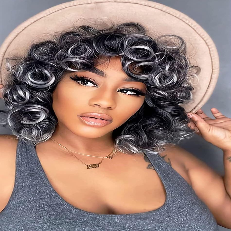 Divine Hair Short Afro Curly Wigs for Black Women Full Synthetic Natural Curly Wavy Afro Kinky Curly Wig With Bangs Heat Resistant Wigs for Daily Use (Black Gray)