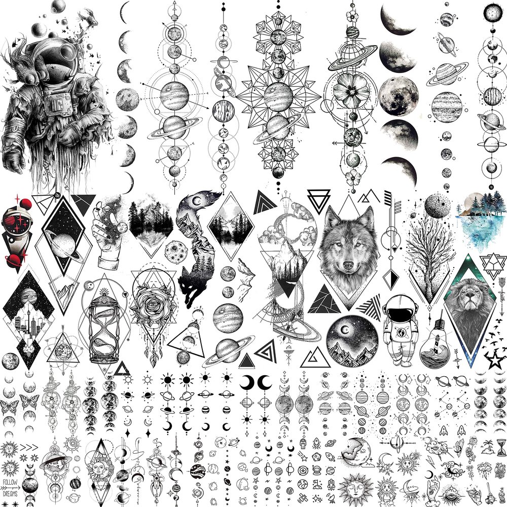 33 Sheets Outer Space Temporary Tattoos for Kids Boys Girl Women Men Adults Children, Geometry Astronaut Universe Fake Tattoo Star Moon Solar Syetem