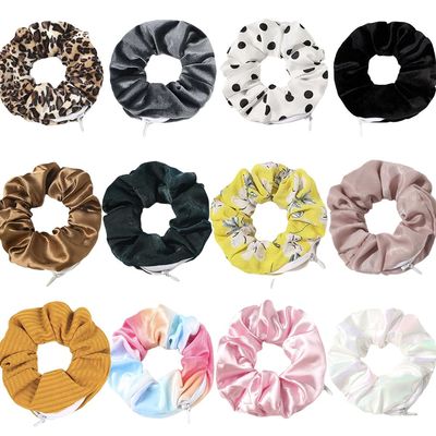 12 Premium Velvet VSCO Scrunchies with Hidden Zipper Pockets for Women & Girls - Chiffon, Leopard Print, Polka Dots, Plaid Prints (solid, tie-dye, floral, striped)
