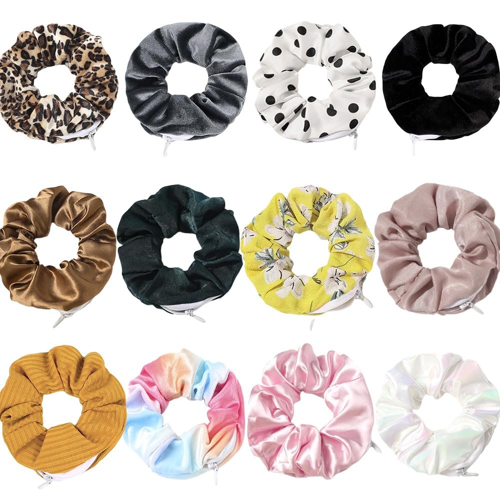 12 Premium Velvet VSCO Scrunchies with Hidden Zipper Pockets for Women & Girls - Chiffon, Leopard Print, Polka Dots, Plaid Prints (solid, tie-dye, floral, striped)