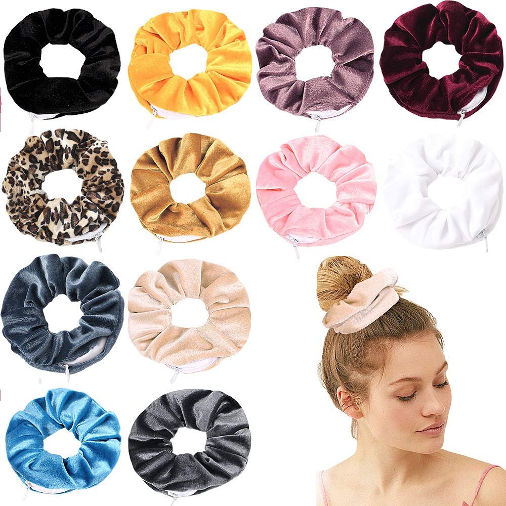 Premium Velvet Hair Scrunchies with Hidden Zipper Pocket for Women - 12 Pcs Floral Chiffon Scrunchies for VSCO Style and Storage
