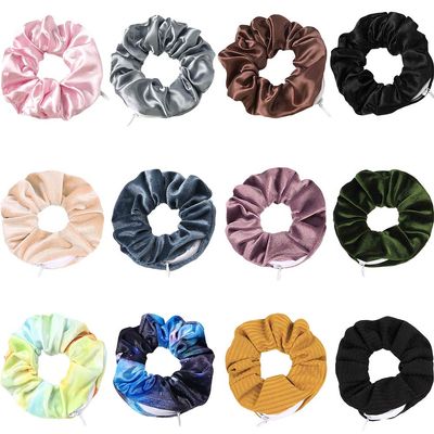 12 Pcs Premium Velvet VSCO & Floral Hair Scrunchies with Hidden Zipper Pocket - Chiffon Silk Scrunchies for Girls & Women