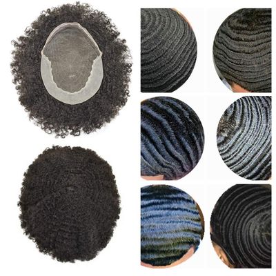 Afro Kinky Toupee for Black Men Afro Grey Curly Mens Toupee Human Hair Transparent Lace Skin Hairpiece African American Afro Wavy Men Hair System Q6 (6mm Afro Wave, 1# Jet Black)