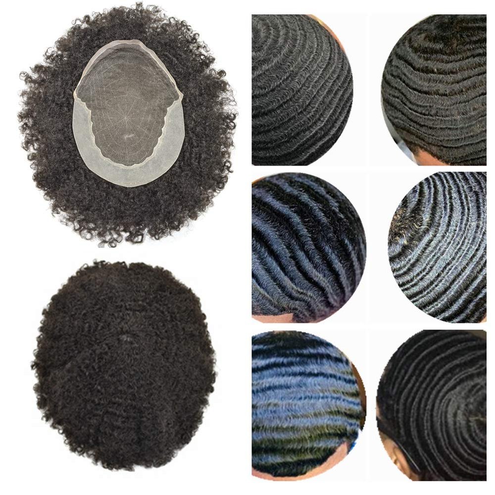 Afro Kinky Toupee for Black Men Afro Grey Curly Mens Toupee Human Hair Transparent Lace Skin Hairpiece African American Afro Wavy Men Hair System Q6 (6mm Afro Wave, 1# Jet Black)