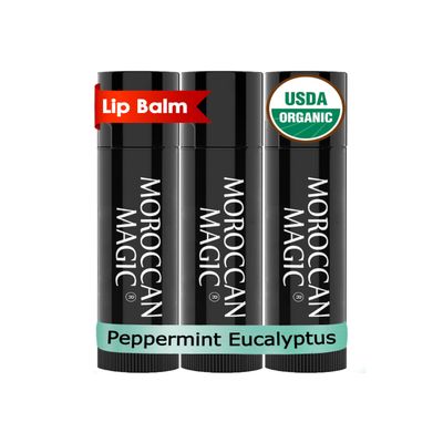 Moroccan Magic Organic Peppermint Eucalyptus Lip Balm 3 Pack | Ultra-Hydrating Argan & Essential Oil Lip Moisturizer + Vitamin E | Natural Mint Chapstick for Dry Lips | Non-Toxic | Organic Lip Balm