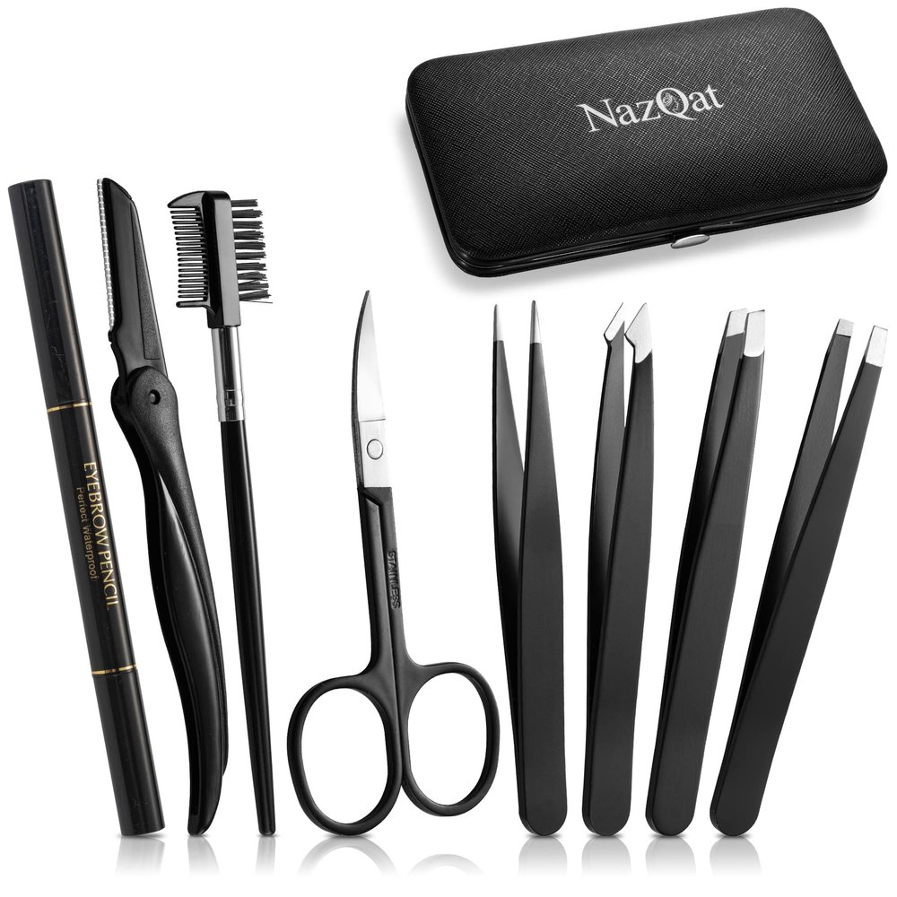 Exquisite 8-in-1 Eyebrow Kit for Women & Men  Luxury Eyebrow Grooming Kit with 4 Precision Tweezers For Eyebrows, Eyebrow Razor, Eyebrow Scissors, Eyebrow Brush/Comb & Pencil with Padded Case