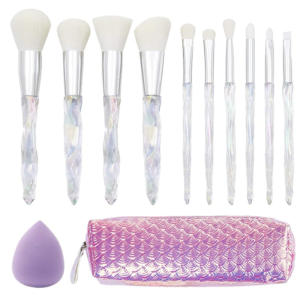 10Pcs Crystal Handle Makeup Brushes Set W/Cosmetic Bag and Makeup Egg Tools Contour Blush Foundation Concealers Highlighter Eye Shadows Cosmetic Brushes Kits (WH)