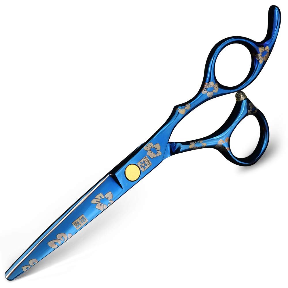 XUAN FENG Cherry Blossoms Hair Scissors 5.5 Inch 6 Inch Japanese 440C Steel Thinning Cutting Scissors Set Barber Salon Shear (6 inch Blue Cutting)