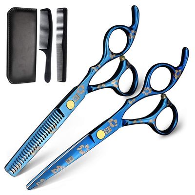 XUAN FENG Cherry Blossoms Hair Scissors 5.5 Inch 6 Inch Japanese 440C Steel Thinning Cutting Scissors Set Barber Salon Shear (5.5 inch Blue Set)